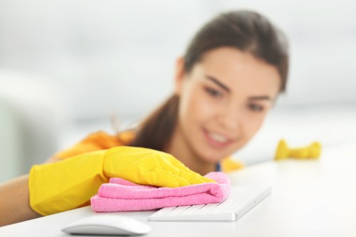 Cleaner using protective equipment while handling carpet cleaning products